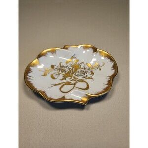 Vintage Porcelaine de France Gilt Brushed Gold Trim Roses Leaves Trinket Dish E7